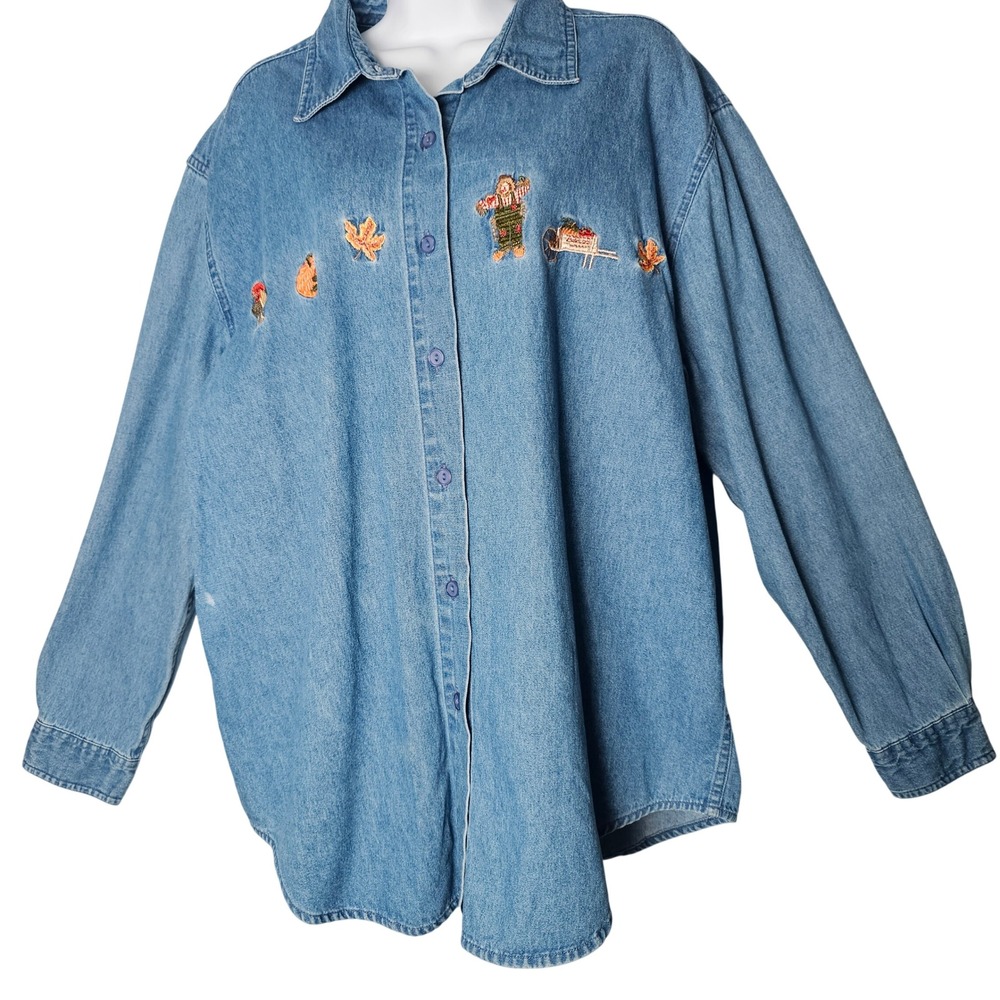 Lemon Grass Womens Denim Shirt Long Sleeve Embroidered Fall‎ Rooster Pumpkin XL